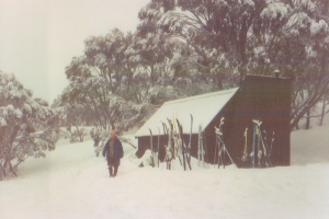 Photo John Purves. Rex Cox outside Grey Mare Hut during The Crossing 1991.