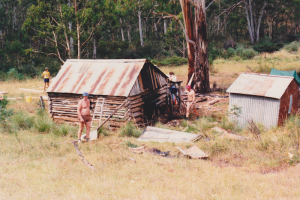 KHA workparty at Vickerys Hut on a hot day, 1987.
