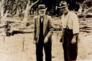 Richard Brayshaw and Morris Luton - This photo was taken just down the road from Bobeyan homestead, Morris had his little bulldozer removing a rather large rock that was on the side of the road into Bobeyan, Uncle Richard was truly amazed at this incredible machine and what it could do.