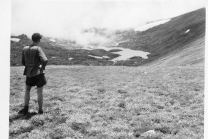Unnamed taking in the vista of Albina Lake, 1947; Peter Woolley Collection.