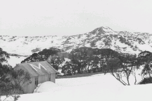 Mawsons Hut, Mt Jagungal background 1966 Reet Vallack Collection