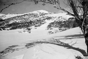 Alpine Hut from the south east showing the ski run up to the ridge. Photo: &#169; Frank Leyden, August 1943