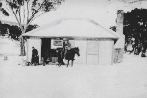 Nearby Tyrells Hut in the snow, photo unknown. Only fireplace and roof remain.