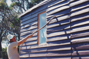 Dennis Hall poking poor weatherboards; &#169 K. Mathers 1994