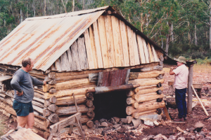 John Hamilton at Vickerys inspection, showing repaired chimney, 1988.