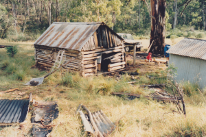 Vickerys Hut Workparty, photo of burnt chimney, 1987.