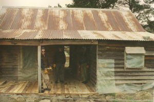 Westermans Hut verandah before restoration, Maurice Sexton?, 1992.